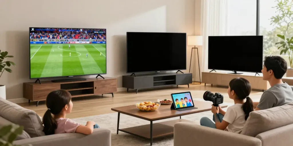 Family enjoying IPTV deutsche Sender in a cozy living room with multiple devices streaming content.