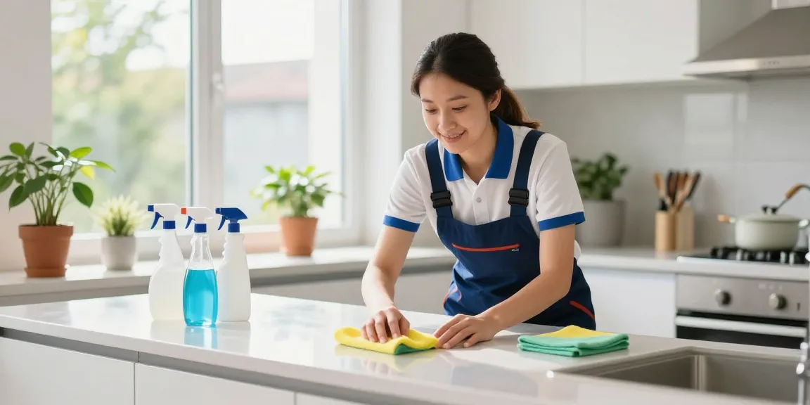 Professional cleaner performing wohnungsendreinigung bern in a bright kitchen, showcasing cleanliness and trust.