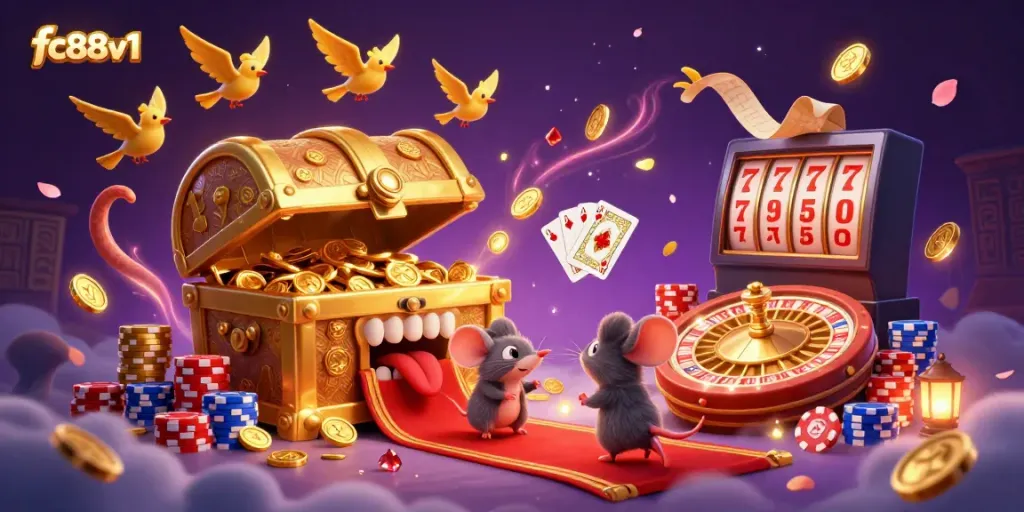 Engaging fc88v1 scene offers a golden treasure chest and sparkling gems in a vibrant casino atmosphere.