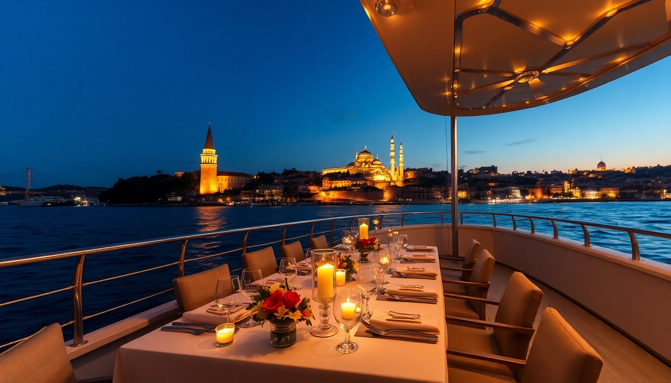 Bosphorus dinner cruise with scenic views of Istanbul's skyline at twilight.
