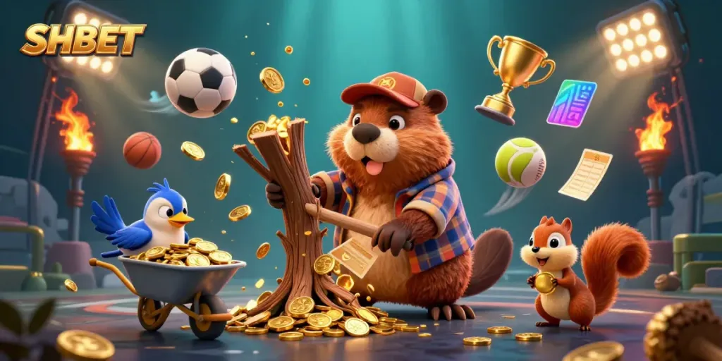 Experience thrilling gaming at SHBET with vibrant scenes of a beaver, squirrel, and coins showering down.
