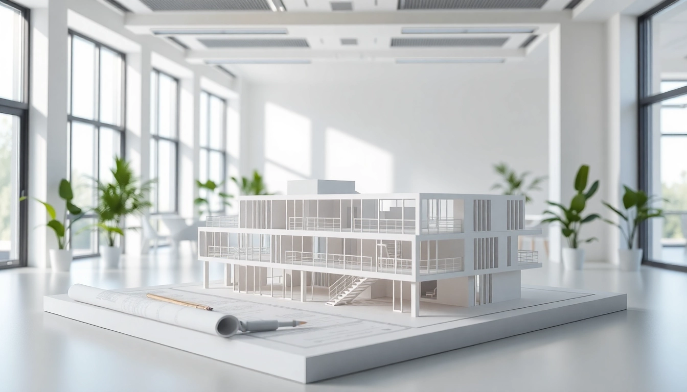 3D visualisierung eines modernen Architekturmodells in einem eleganten Büro.