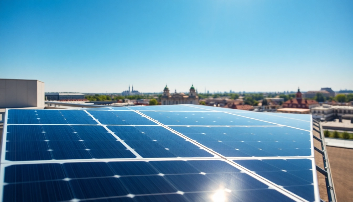 Professionelle PV Anlagen Wien auf modernem Dach mit klarem Himmel und Viennas Skyline im Hintergrund.