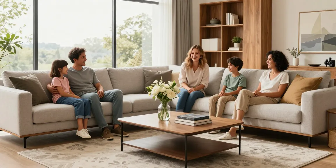 Gemütliches Wohnzimmer mit einer stilvollen Sofa-Anordnung für ein ansprechendes Möbel Shop Online-Erlebnis.
