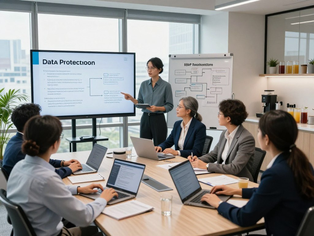 Startseite eines Datenschutzexperten-Teams in einer modernen Büroumgebung während einer Strategie-Besprechung
