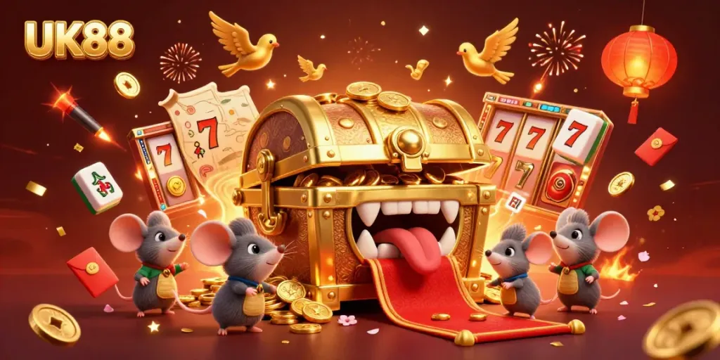 Experience thrilling slots at UK88 with a vibrant treasure chest and adventure elements.