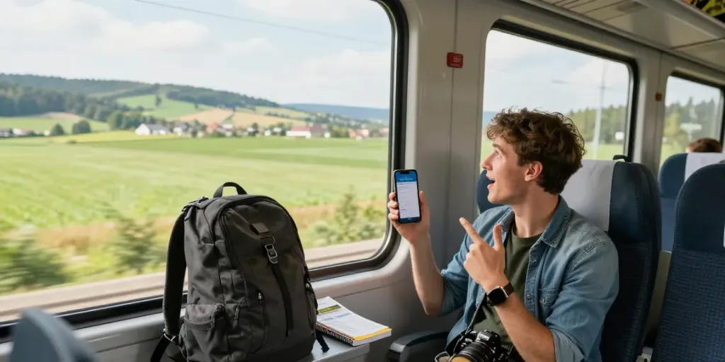 Junge Reisende mit günstigen Zugtickets auf einer Zugfahrt durch Deutschland
