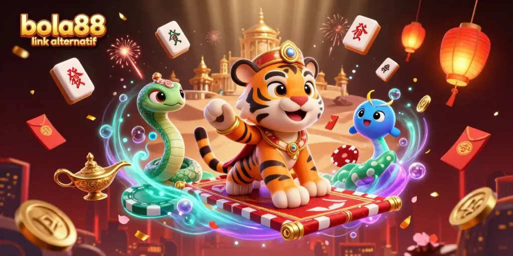 Bet on bola88 link alternatif with a vibrant Arabian Nights-themed casino illustration showcasing high-stakes gambling excitement.