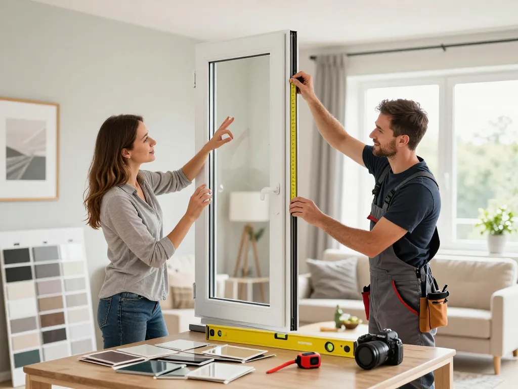 Experte im Fensterbau in Bonn mit erfahrenem Monteur und Kunde, die Fensteroptionen in einem hellen Zuhause besprechen.
