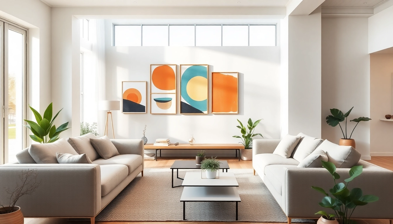 Moderne wandbilder in einem stilvollen Wohnzimmer mit harmonischer Anordnung und sanfter Beleuchtung.