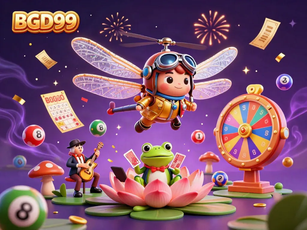 Experience the vibrant magic of BGD99 with dynamic casino elements and joyful characters.