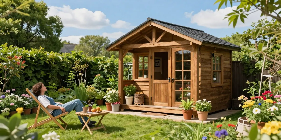 Bequeme Gartenhaus-Oase mit bunten Blumen und entspannendem Außenbereich