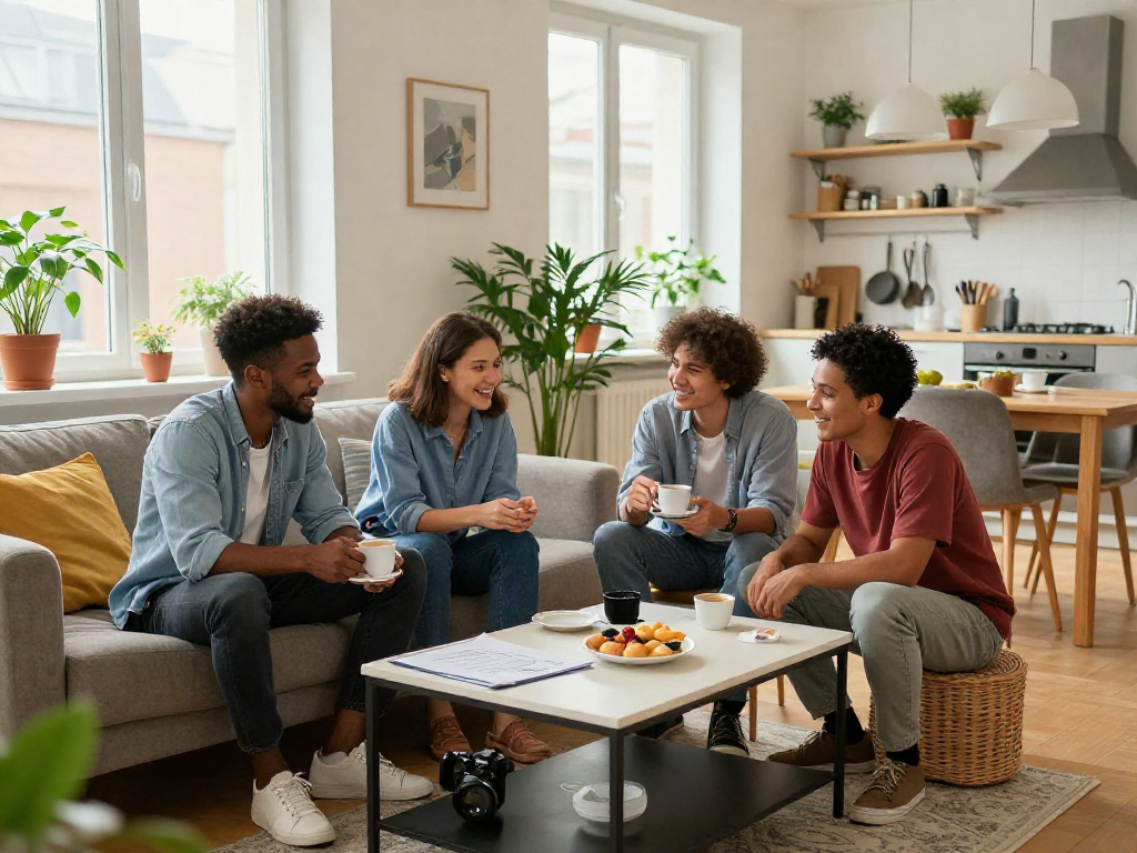 Moderne Monteurwohnung in Hannover mit gemütlichem Interieur und professionellen Mietern, die eine Besprechung abhalten.
