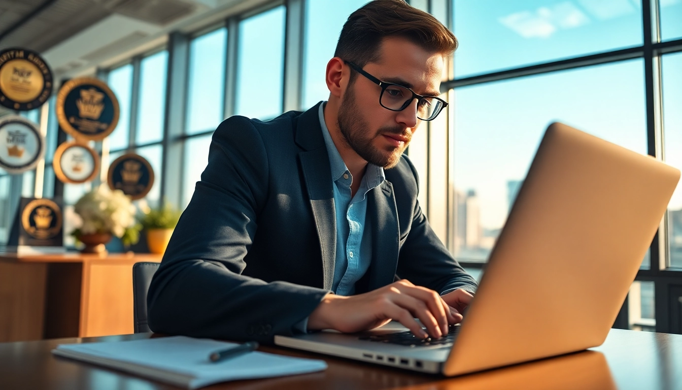 Headhunter Schweiz arbeitet engagiert in einem modernen Büro mit Auszeichnungen.