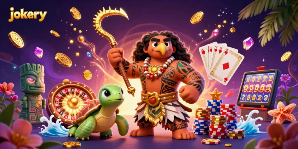 Experience the thrill of jokery as 3D characters celebrate wins in a vibrant casino scene.