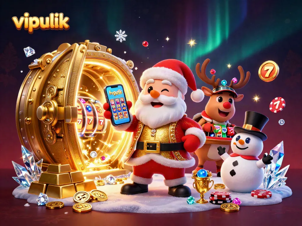 Win at vipluck with Santa holding a jackpot smartphone, surrounded by festive casino riches.
