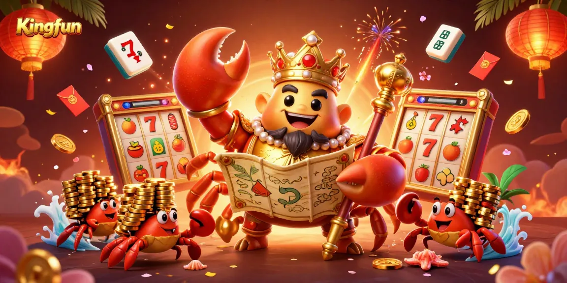 Experience Kingfun's exciting gaming world with a golden crab emperor and casino treasures