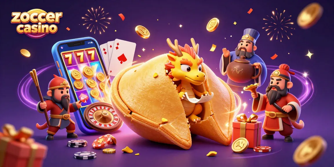 Zoccer casino showcases golden fortune cookie characters amid dynamic games and celebratory elements.