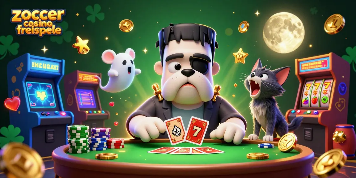 Zoccer Casino Freispiele: Gewinne mit dem Frankenstein-Bulldog, der Karten am grünen Tisch mischt.