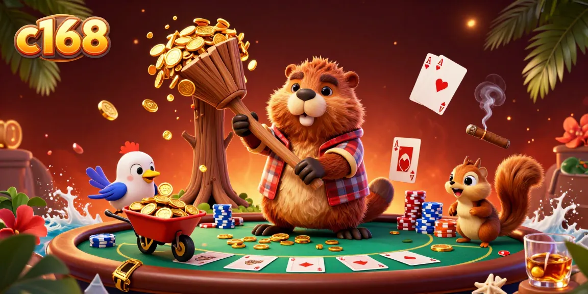 c168's cartoon beaver collects gold coins at a poker table, showcasing vibrant casino elements.