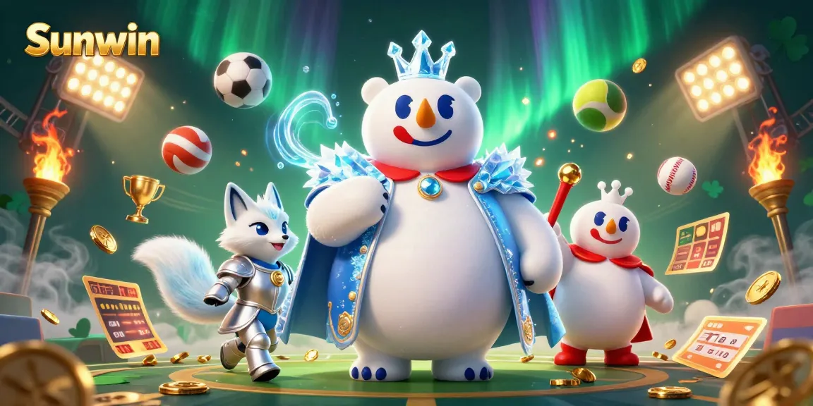 Play exciting games at Sunwin with a 3D illustration featuring animated characters and sports elements.