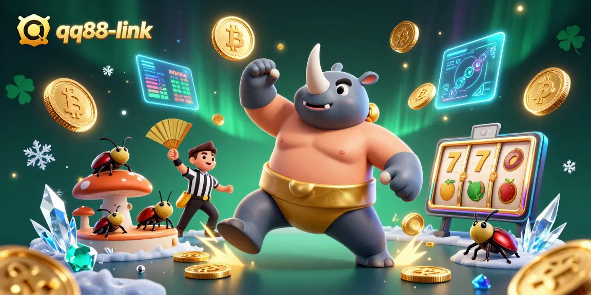 Experience the exciting qq88-link casino scene with a sumo beetle champion amid dynamic gaming elements.