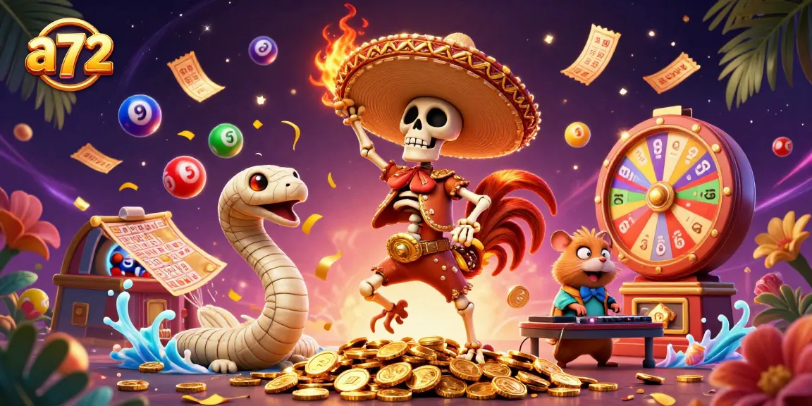 Win exciting games with a72, featuring dynamic casino elements in a vibrant 3D illustration.