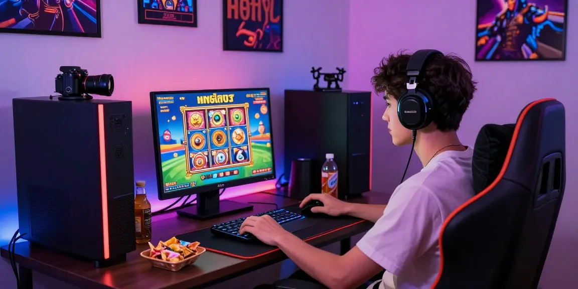 Engaging player enjoying สล็อตเว็บตรง games in a vibrant gaming space.
