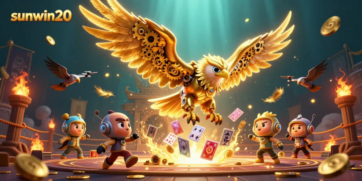 Experience the thrill of sunwin20 with a cybernetic eagle and dynamic casino elements.